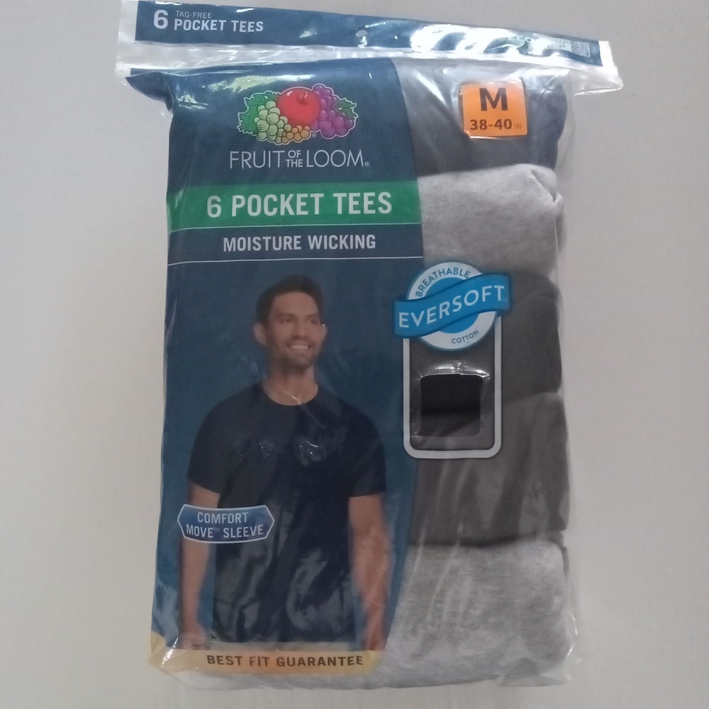 Fruit Of The Loom 6 Pack Pocket Tees Size M Medium 38-40 In Assorted Tagless